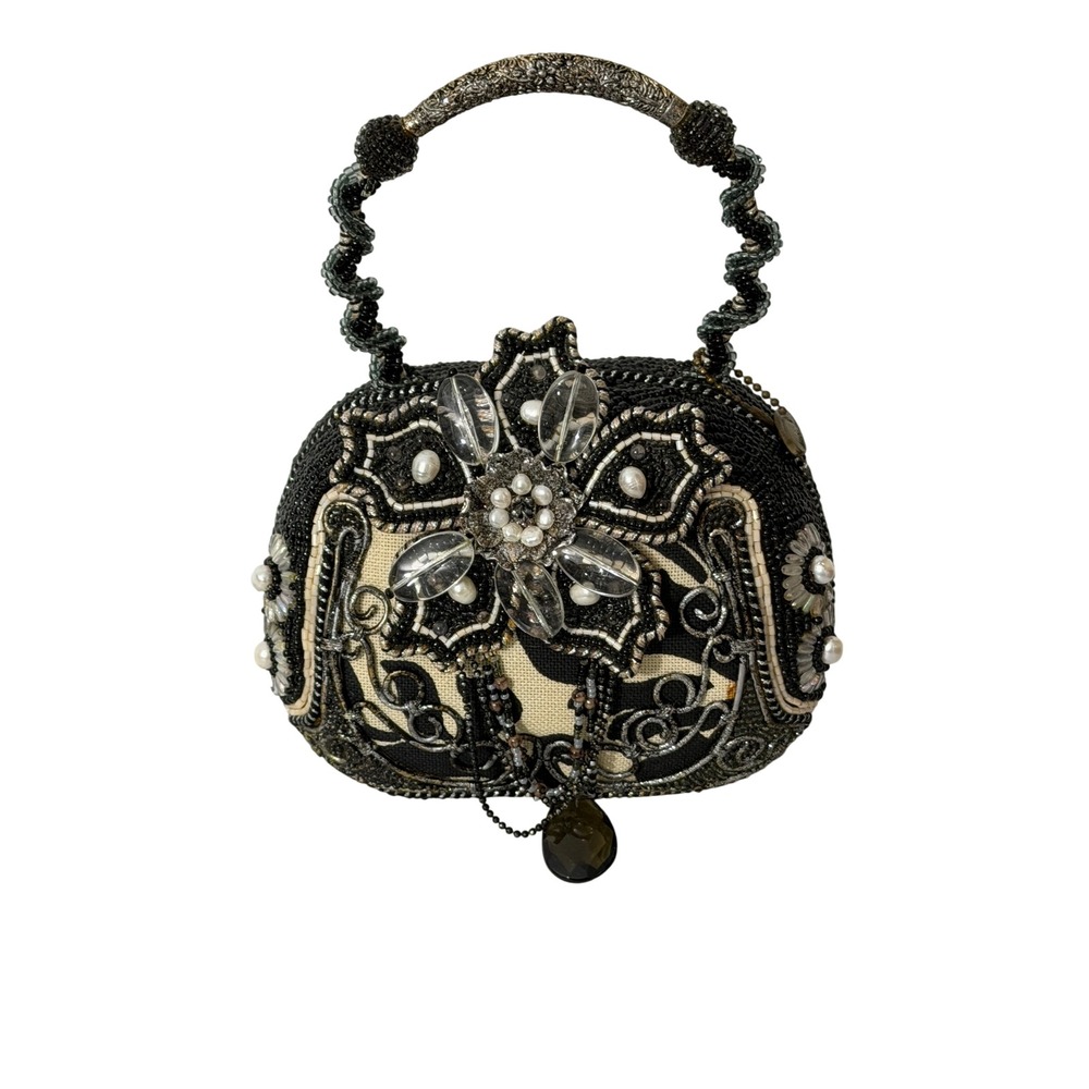 Mary Frances Beaded Floral Evening Bag Womens Small Black Cream Handbag